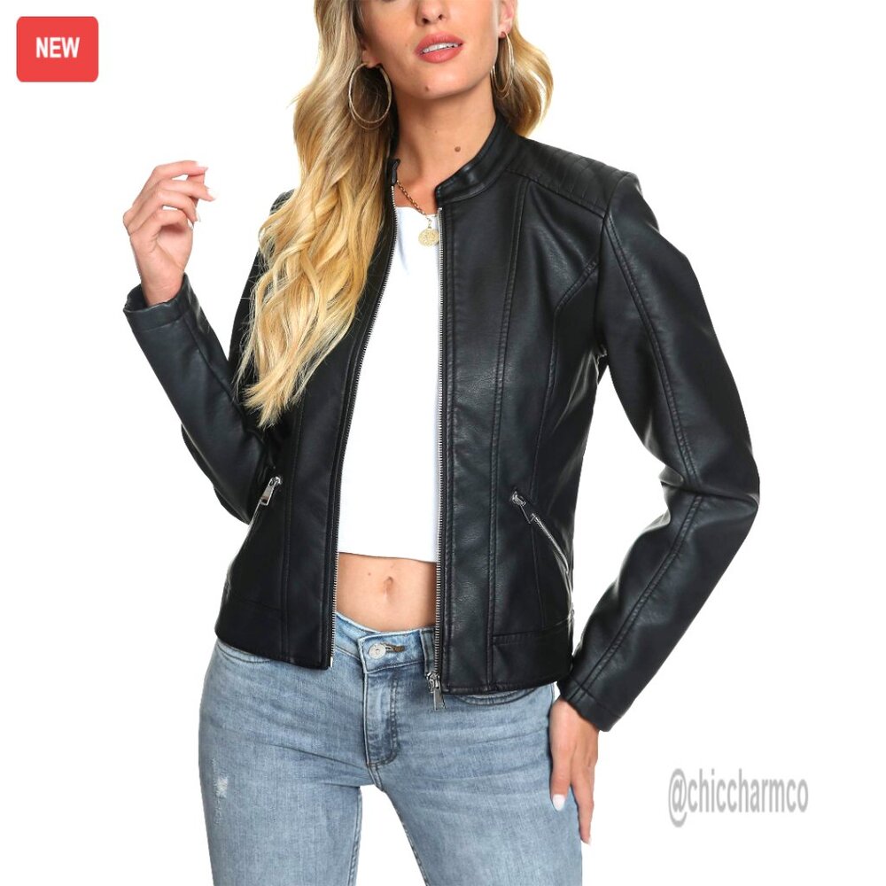 Faux Leather Motorcycle Jacket With Zip Closure, Stand Collar Biker Style